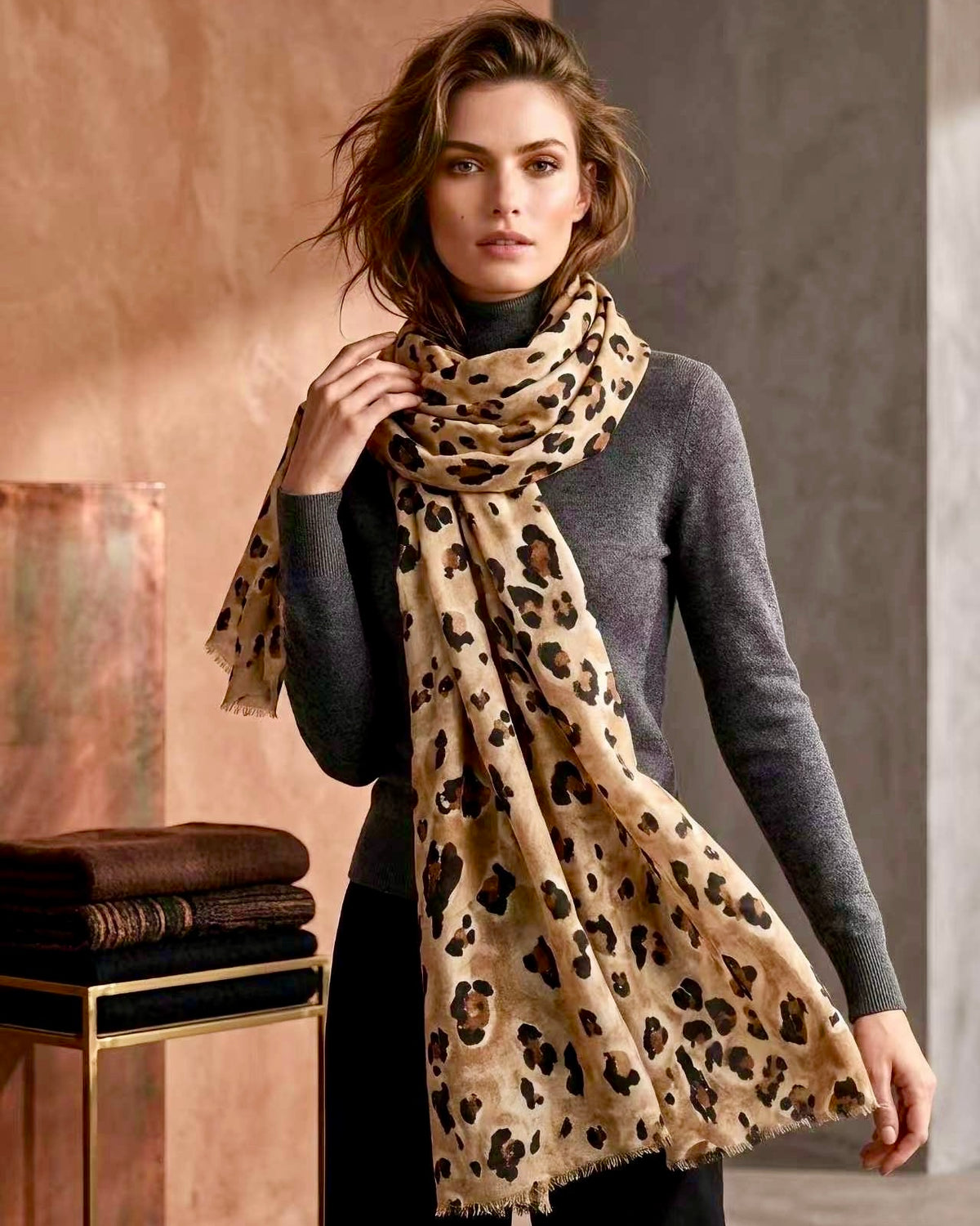 Margot Leopard Scarf - Camel