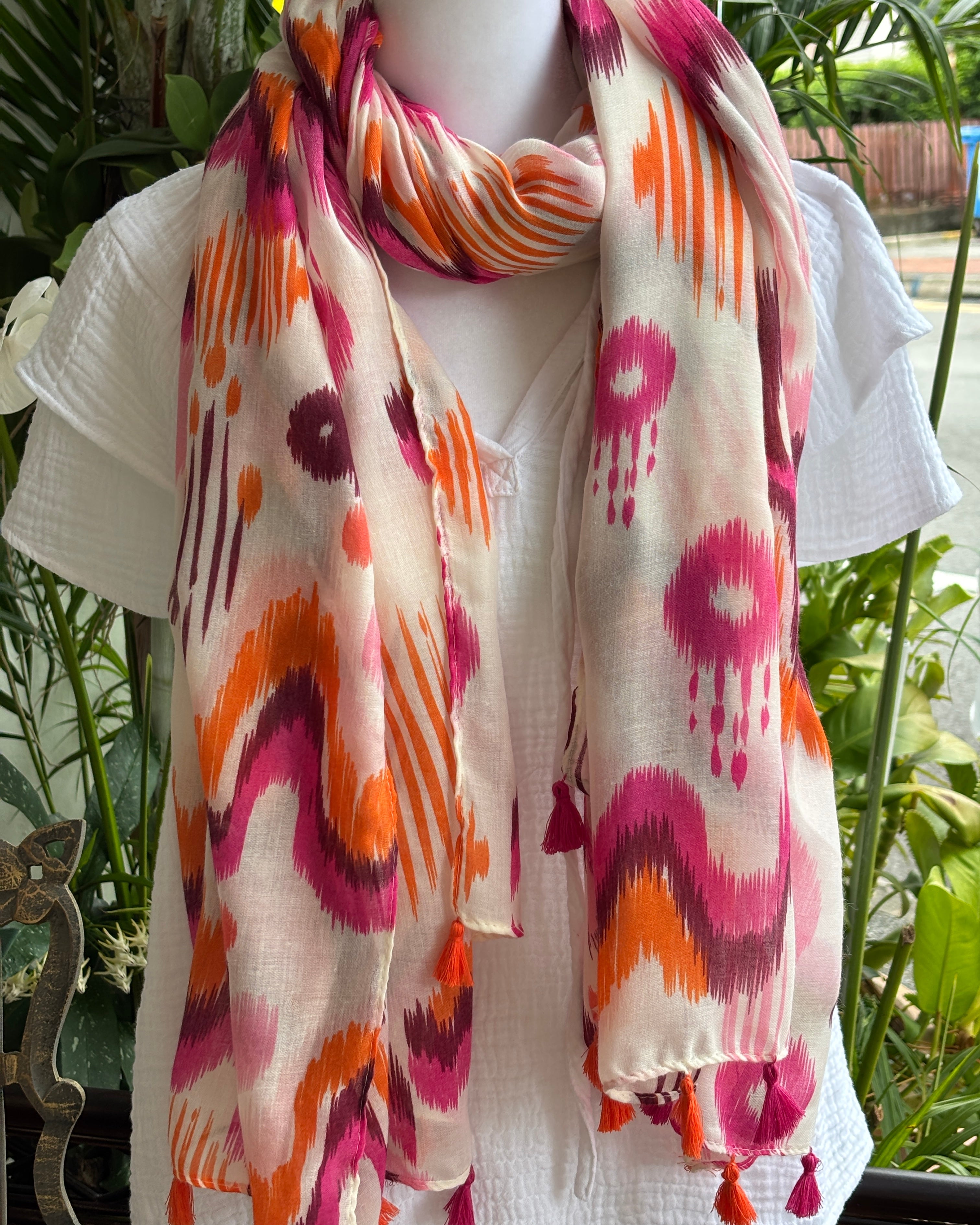 Orange and fuchsia ikat scarf