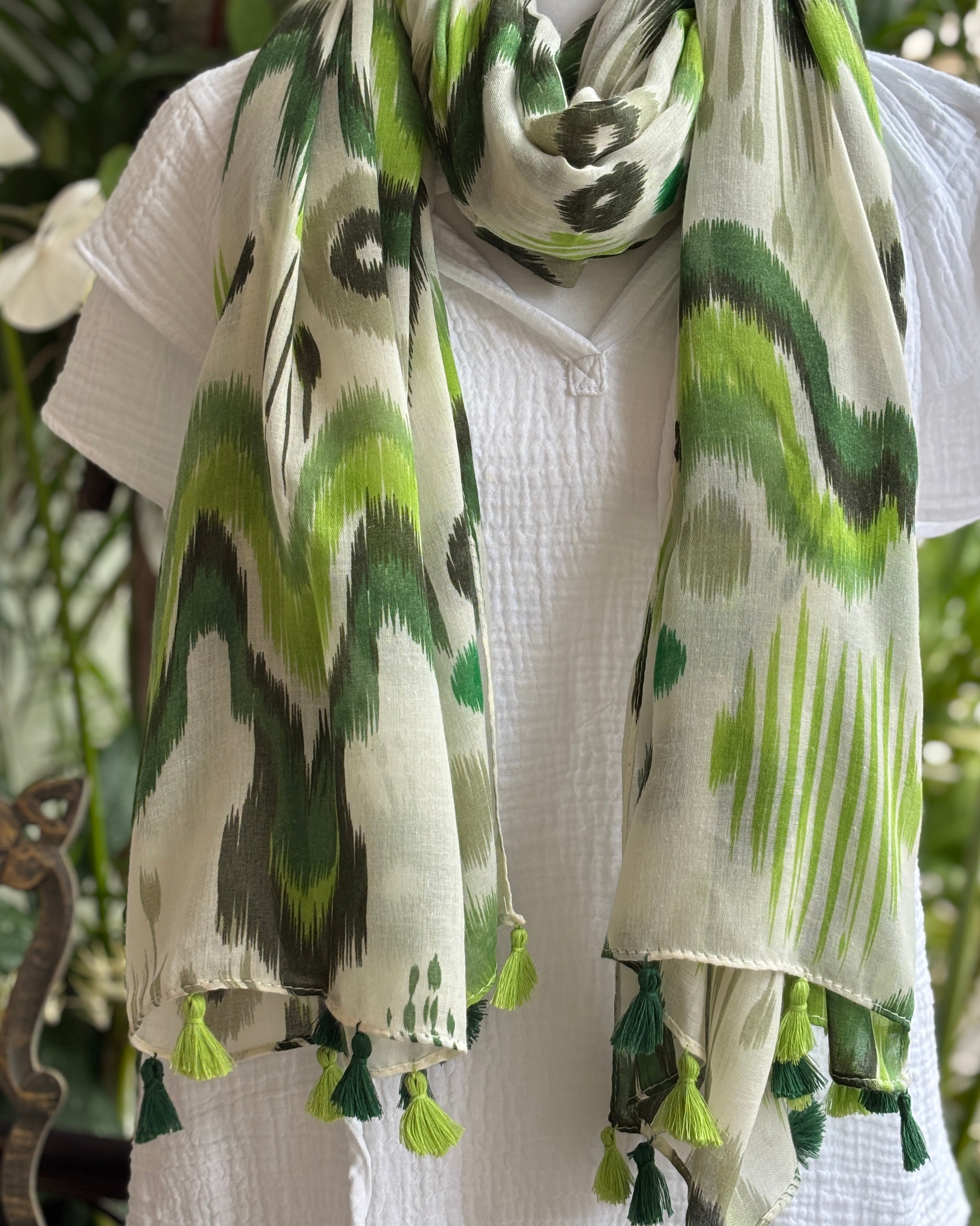 Green and khaki ikat scarf