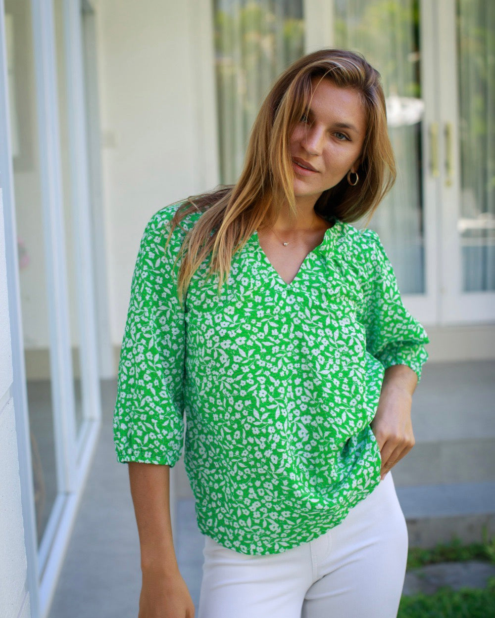 Pippa Top - Green Daisy Cotton