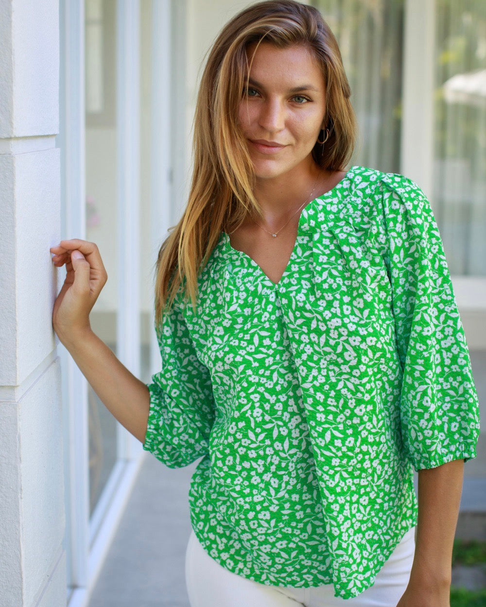 Pippa Top - Green Daisy Cotton