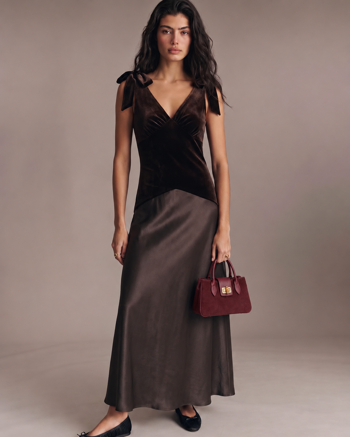 Chocolate Velvet & Satin Bow Dress