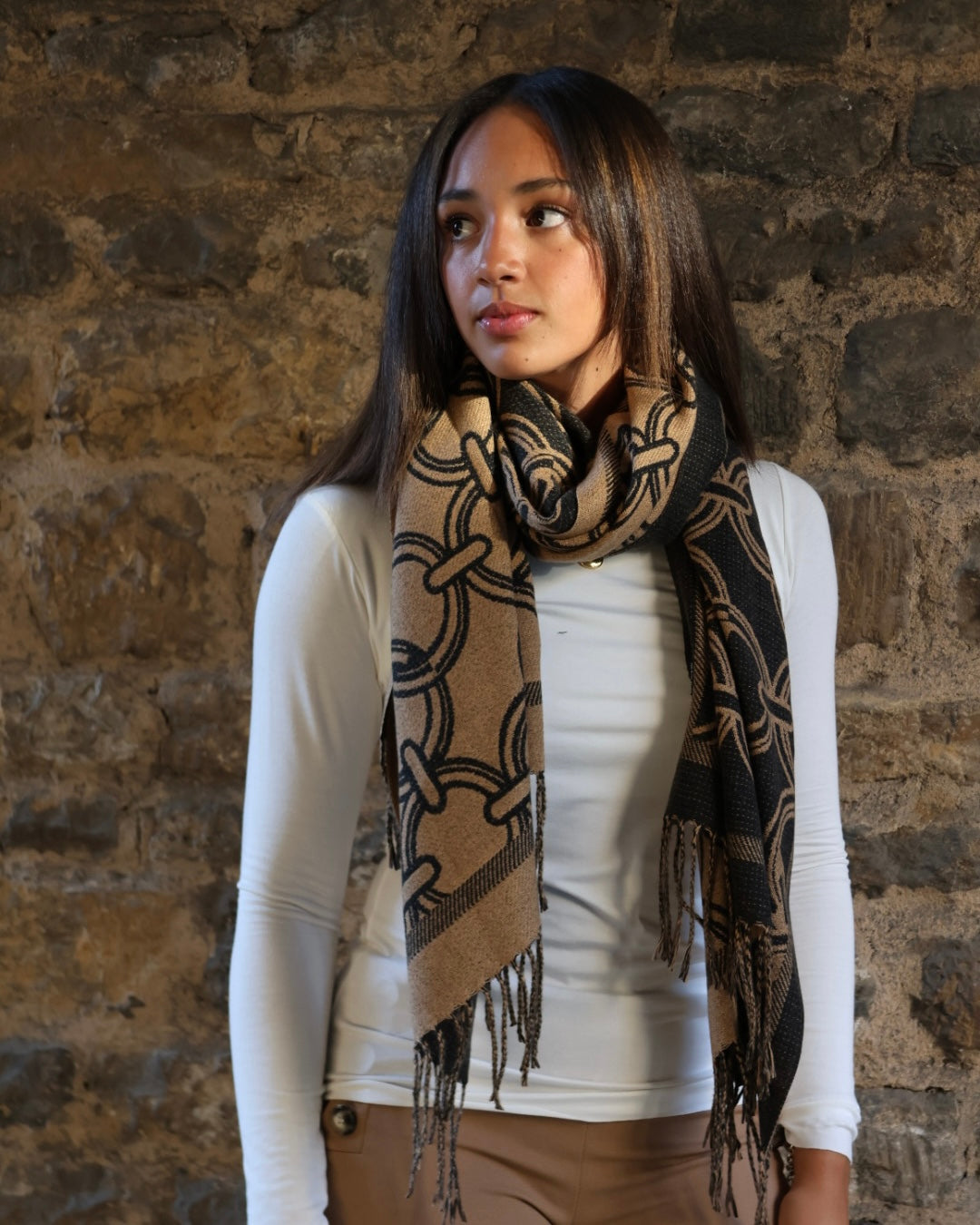 Circle Chain Scarf - Camel And Black