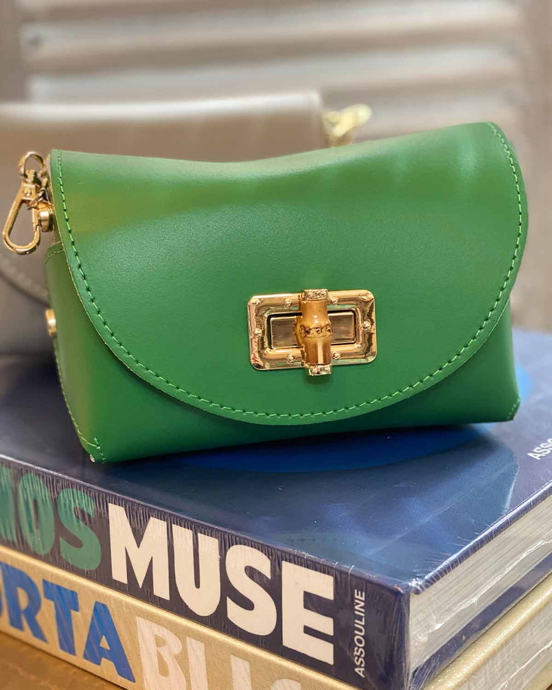 Green cross body bag with gold bamboo clasp. With attachable clasps on the sides.