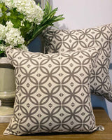 Two beige geometric print cushion covers printed on a cream cotton fabric.