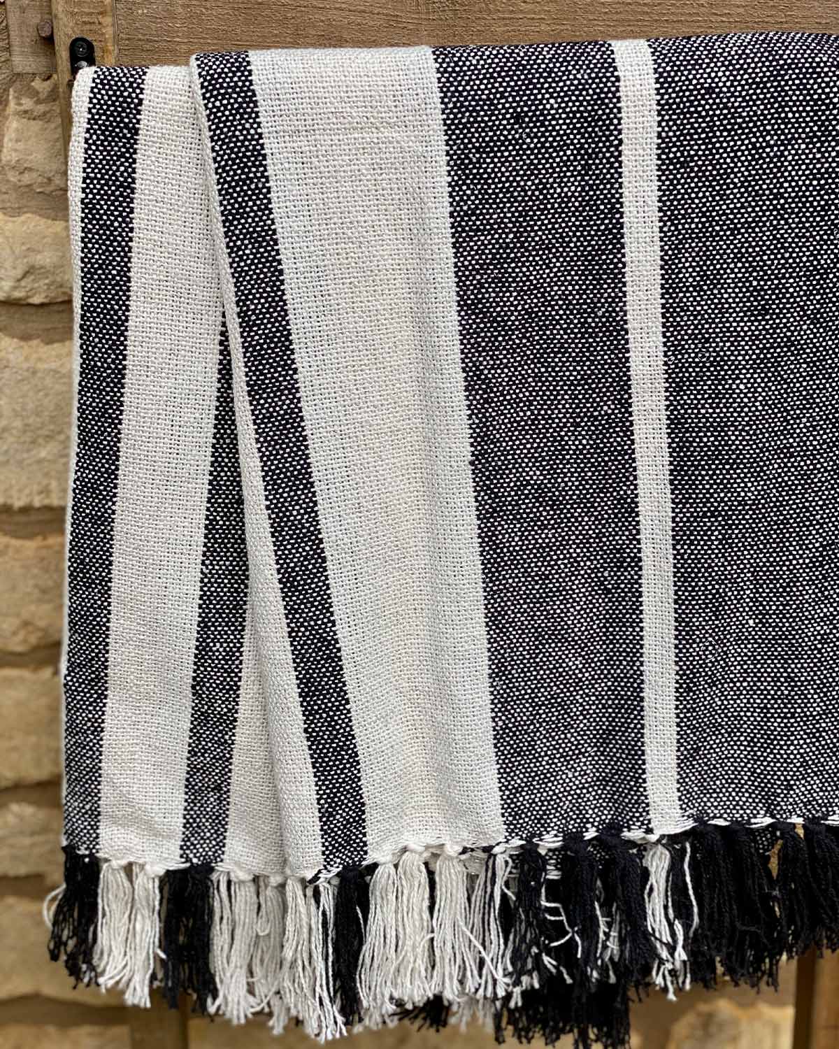 Black and White Striped Tassel Throw