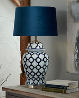 Blue And White Ceramic Lamp With Velvet Shade