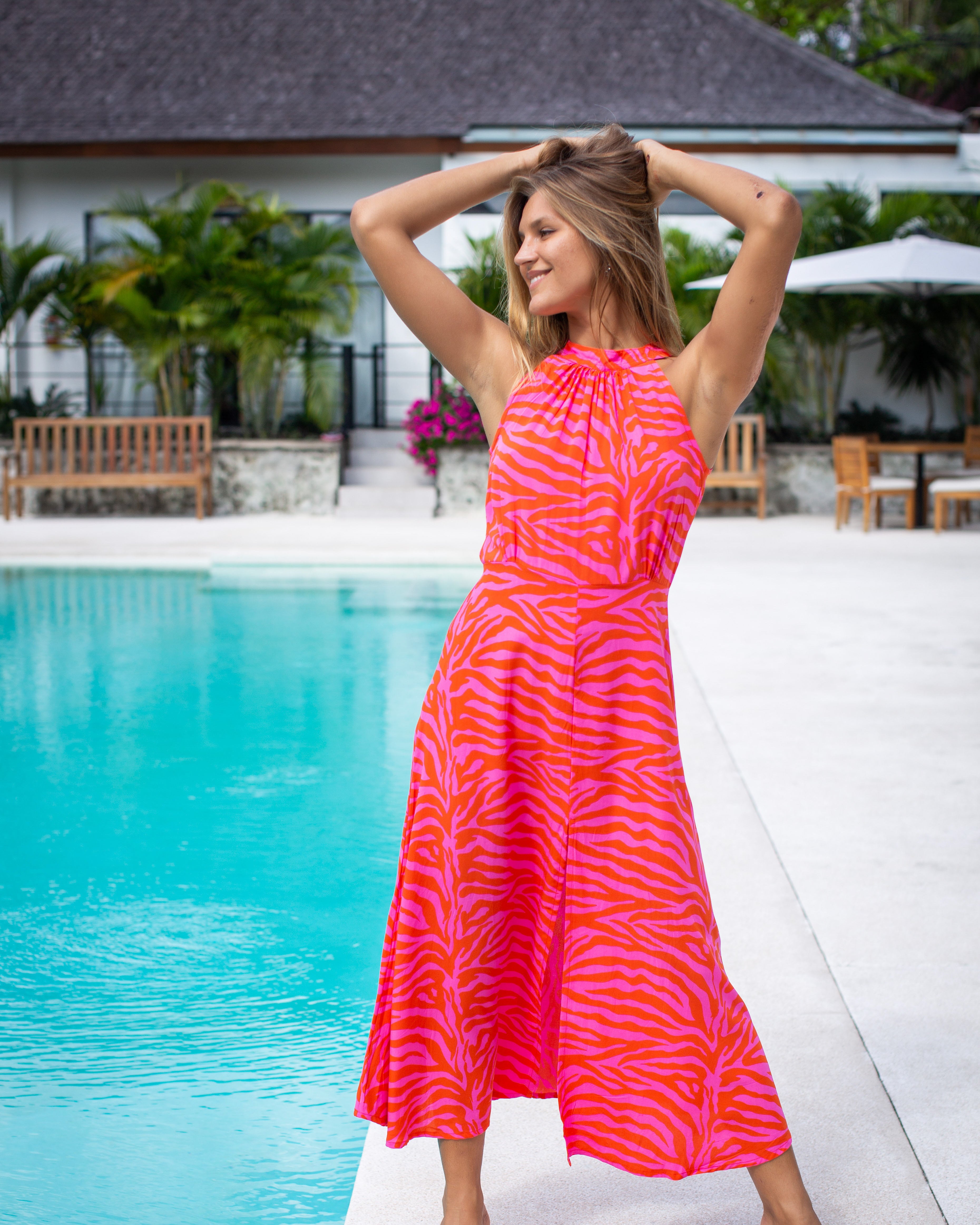 Metis Halter Dress - Pink Red Zebra