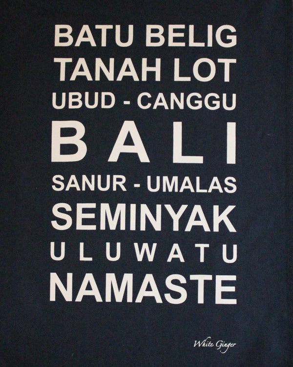 Navy tea towel printed with the famous locations in Bali.