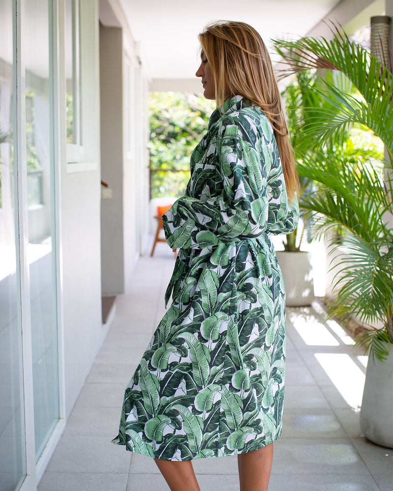 Cassie Long Cotton Robe - Green Leaf