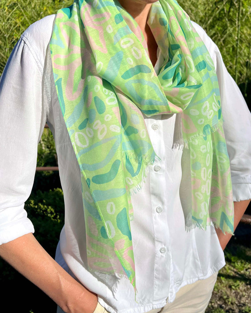 Green Pink Tropical Floral Scarf