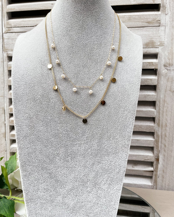 Sylvie Necklace - Two Tier Pearl and Disc