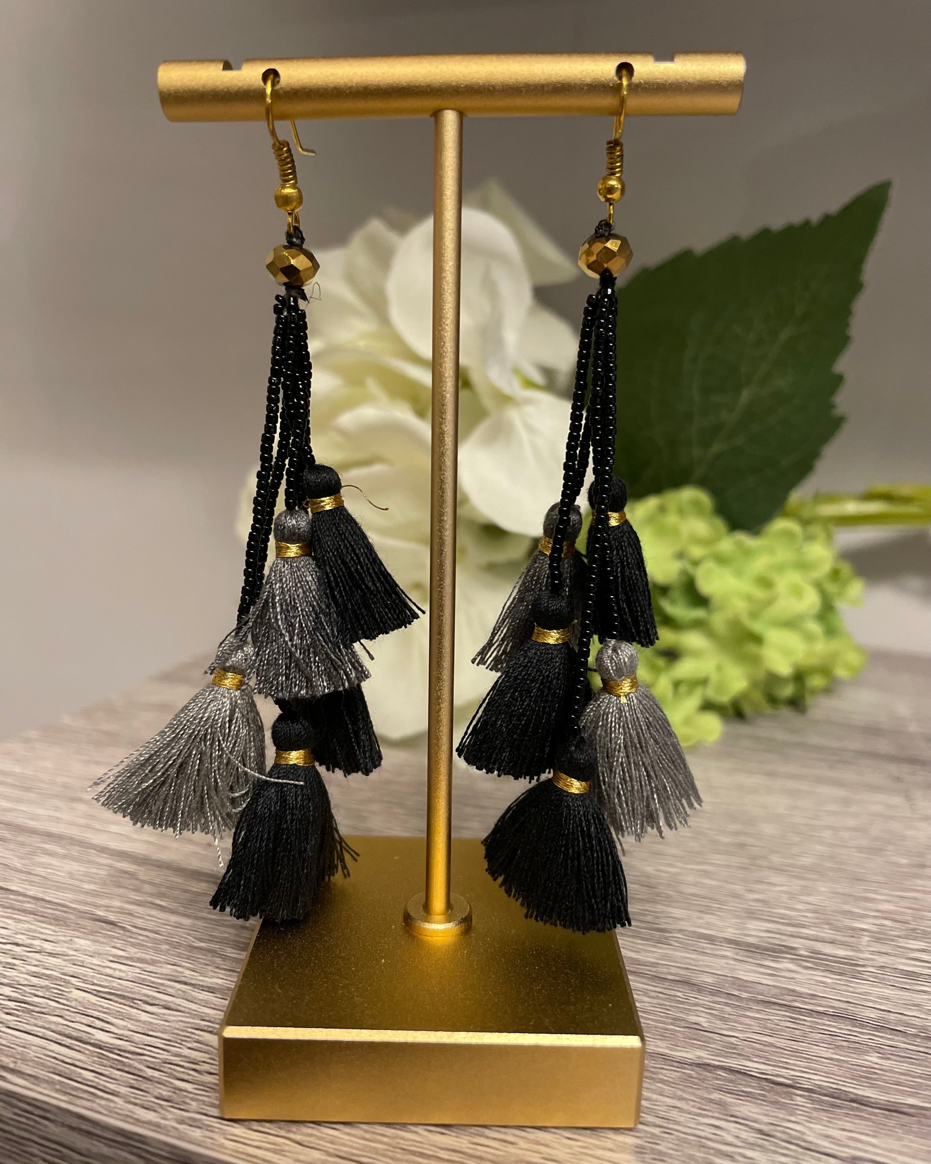 Tassel Earrings - Black and Grey