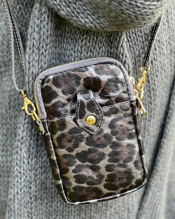 Cross Body Phone Bag - Grey Leopard