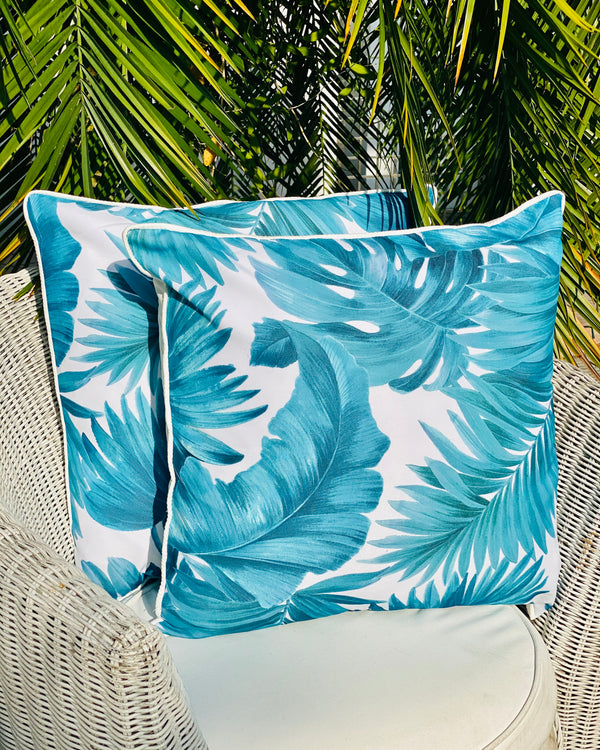 Turquoise Palm Leaf - Cushion Cover