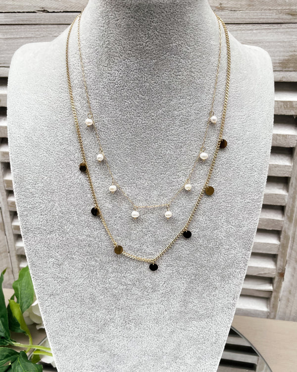 Sylvie Necklace - Two Tier Pearl and Disc
