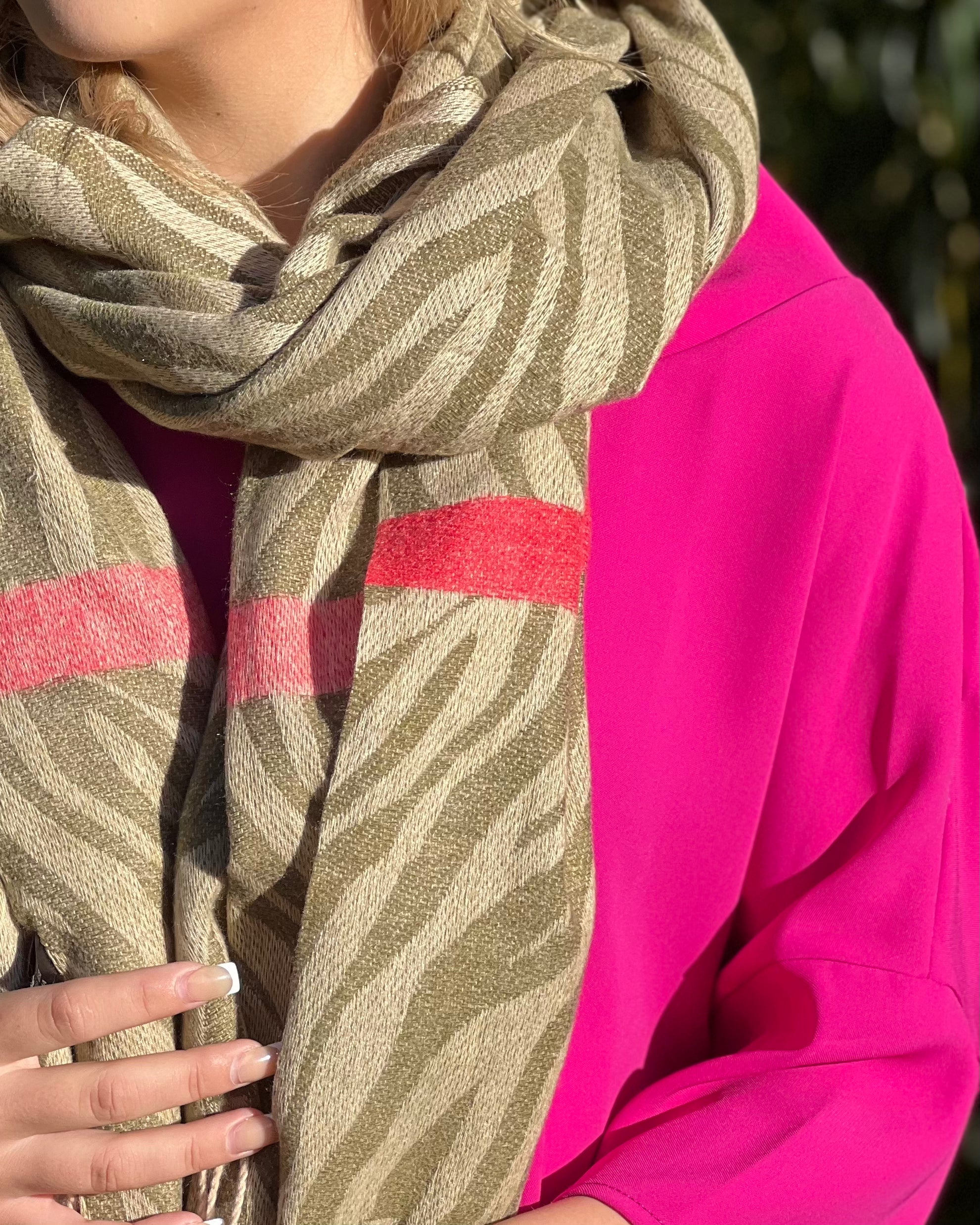 Scarf - Khaki Zebra with Pink Stripe