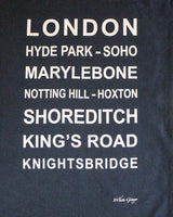 Navy tea towel printed with the famous locations in London.