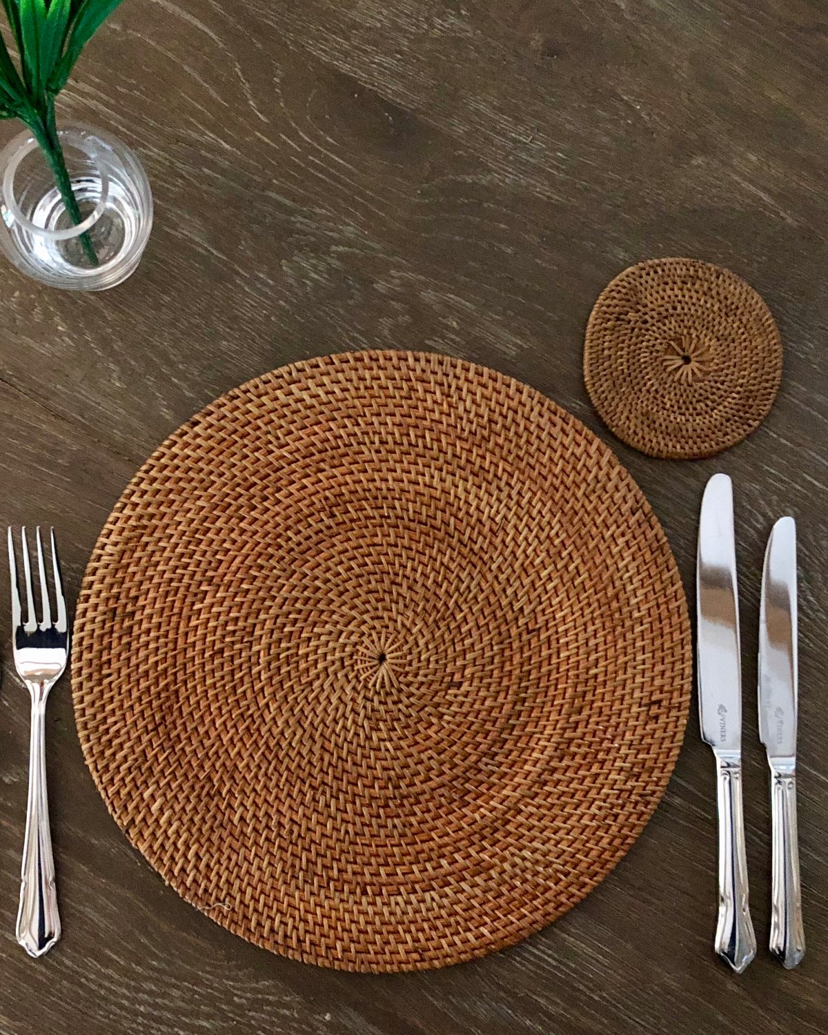 A natural rattan placemat.