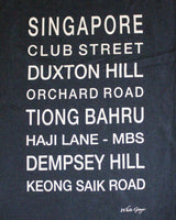 Navy tea towel printed with the famous locations in SIngapore.