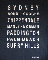 Navy tea towel printed with the famous locations in Sydney.